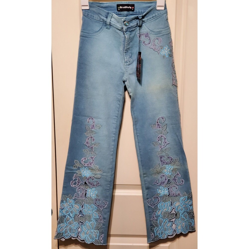 BrazilRoxx Embellished Embroidered Cutout Jeans BR 36/US 0 Blue - NEW W/ Tags